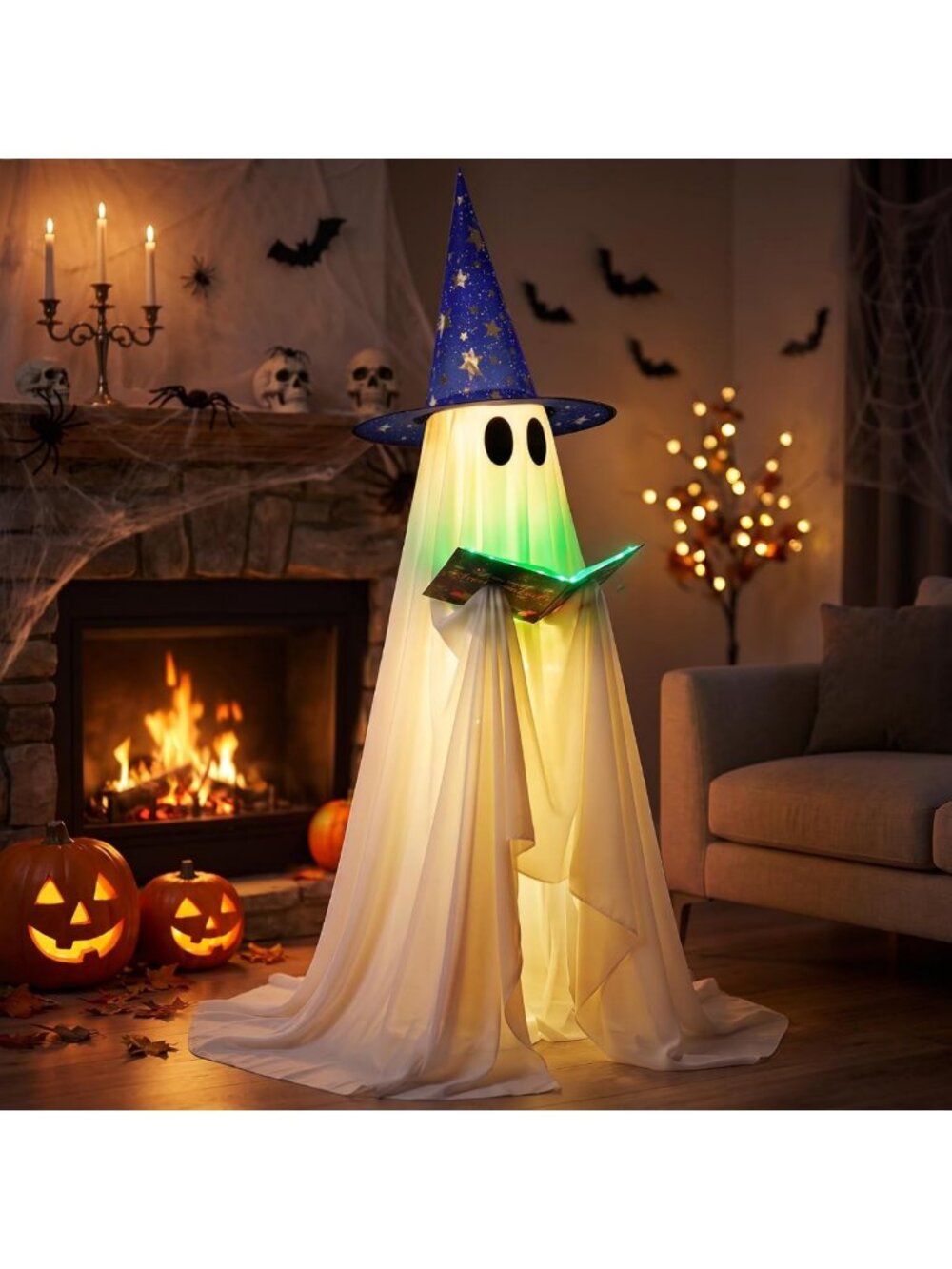 53" Halloween Ghost Decoration with Witch Hat & Book - 8 Lighting Modes, Spooky